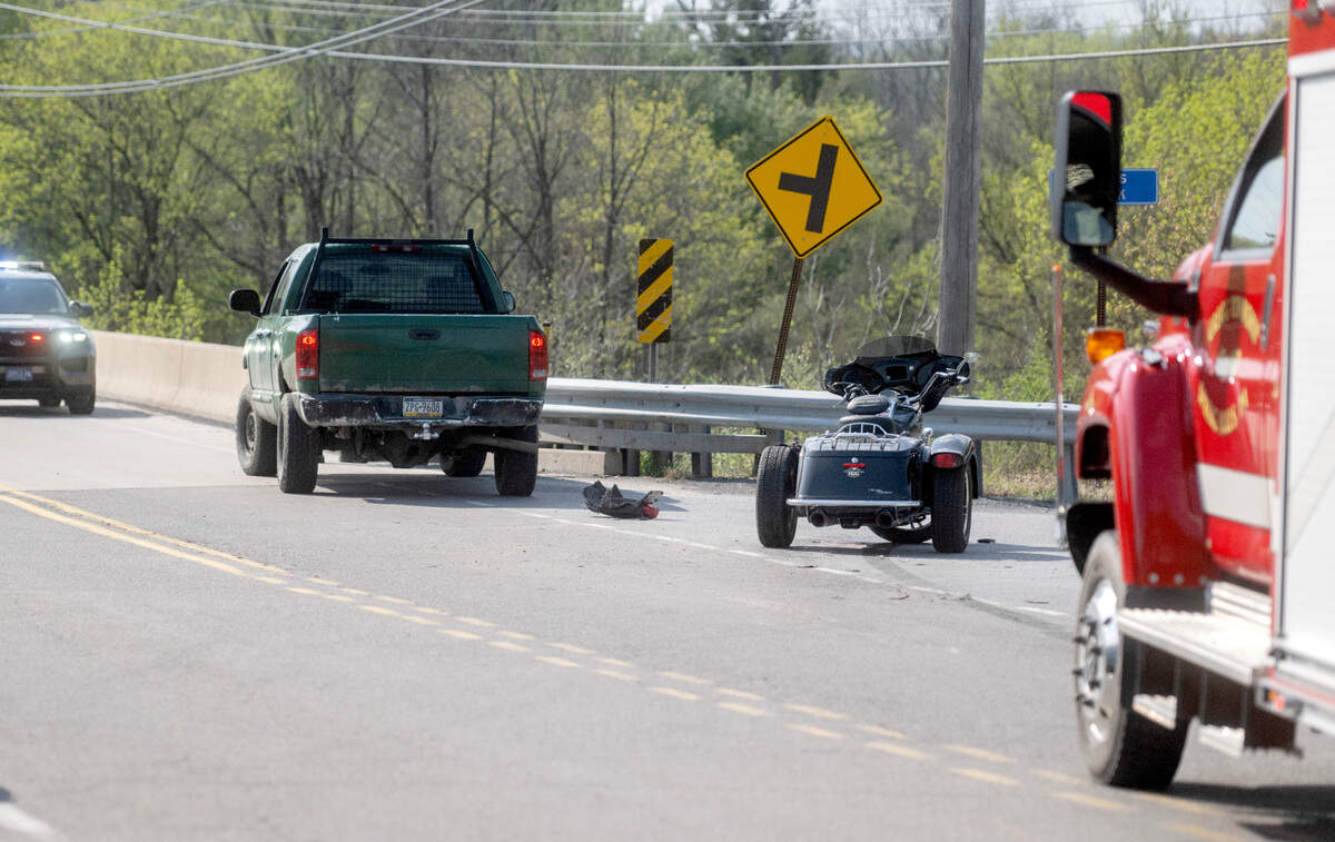 Emergency crews on the scene of a crash at the intersection of Penns Valley Road and Penns Cave Road on Friday, April 21, 2023.
