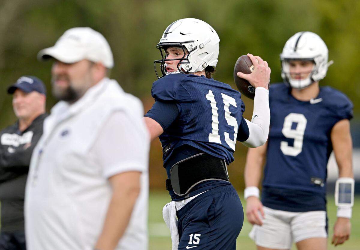Penn State quarterback Drew Allar makes a pass during practice on Wednesday, Oct. 30, 2024.