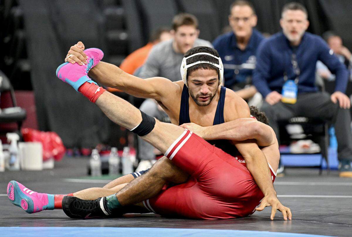 Penn State’s Shayne Van Ness wrestles Nebraska’s Ridge Lovett in a 149-pound semifinal bout at the 2025 NCAA Wrestling Championships in Philadelphia on Friday, March 21, 2025.