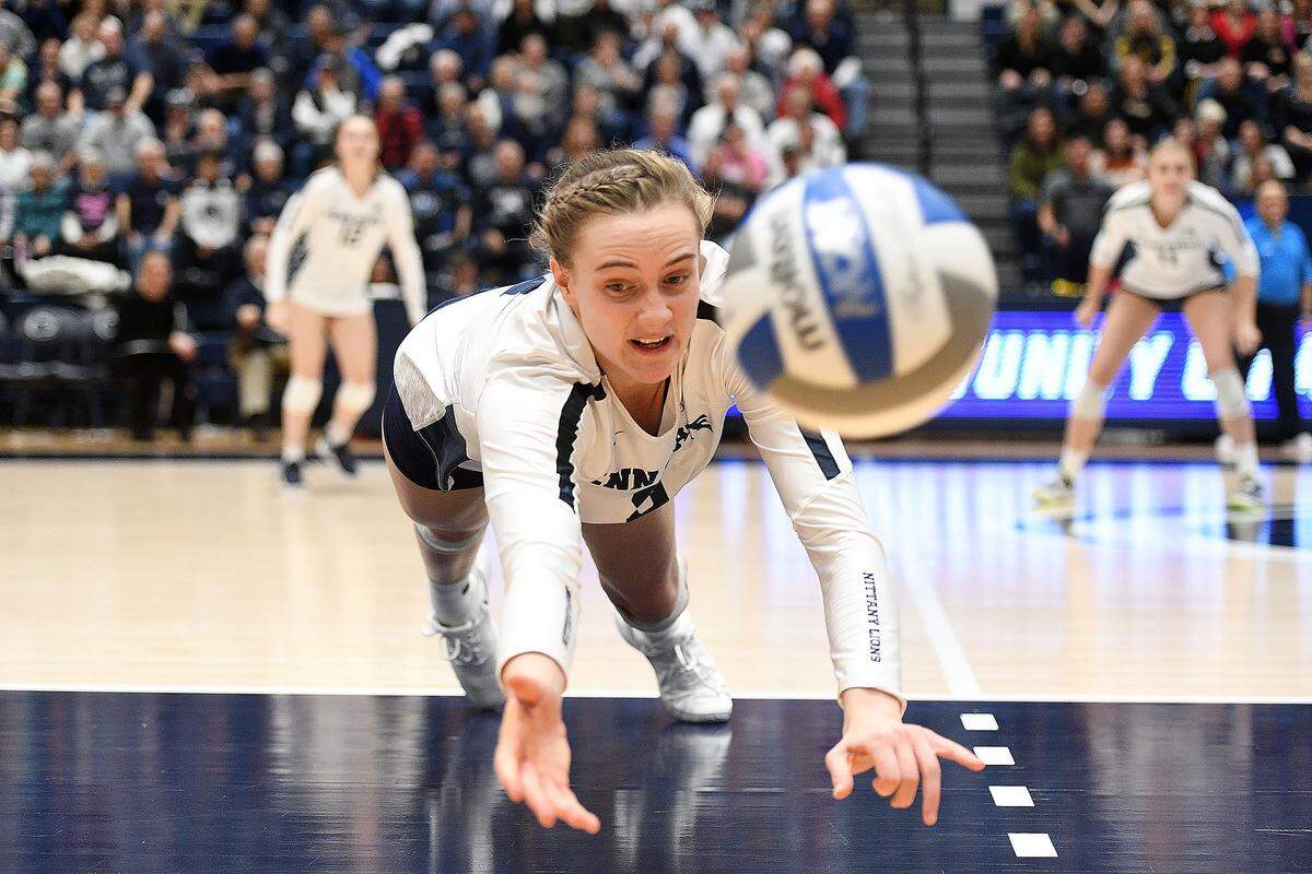 Penn State’s Jonni Parker dives for a dig during Saturday’s NCAA second round match against Towson. Penn State defeated Towson, 3-1. (For the CDT/Steve Manuel)