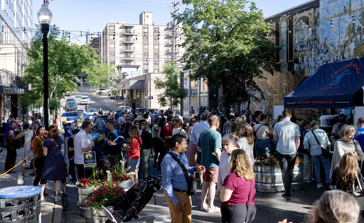 Community members enjoy the opening block party for East End Social on Thursday, May 28, 2026.