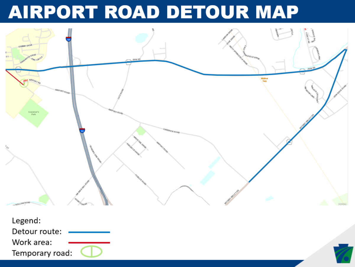 This map shows the planned detour in Bellefonte as crews work to install a new traffic signal and realign an intersection along Airport Road.