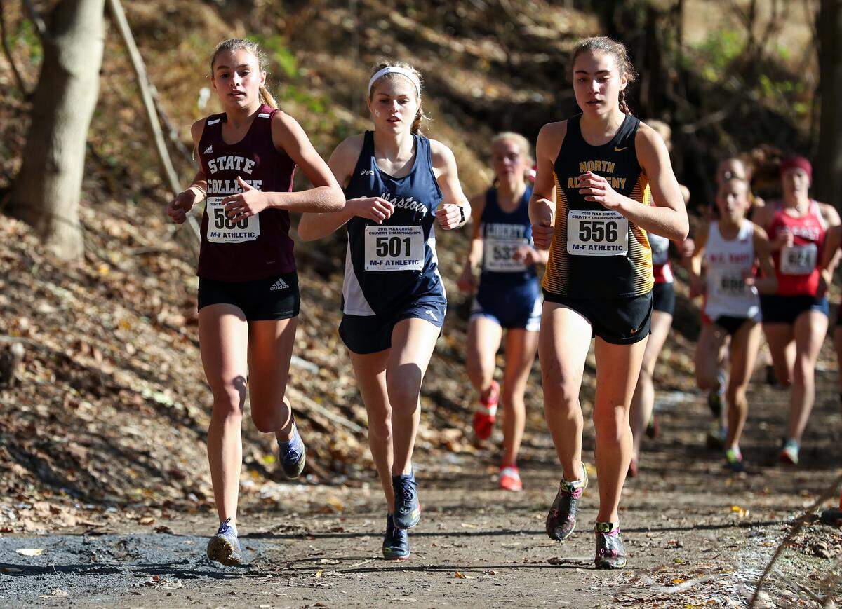 State College’s Marlee Kwasnica, left, runs in the PIAA Class 3A girls’ cross-country championship race held Saturday at Parkview Cross Country Course in Hershey.
