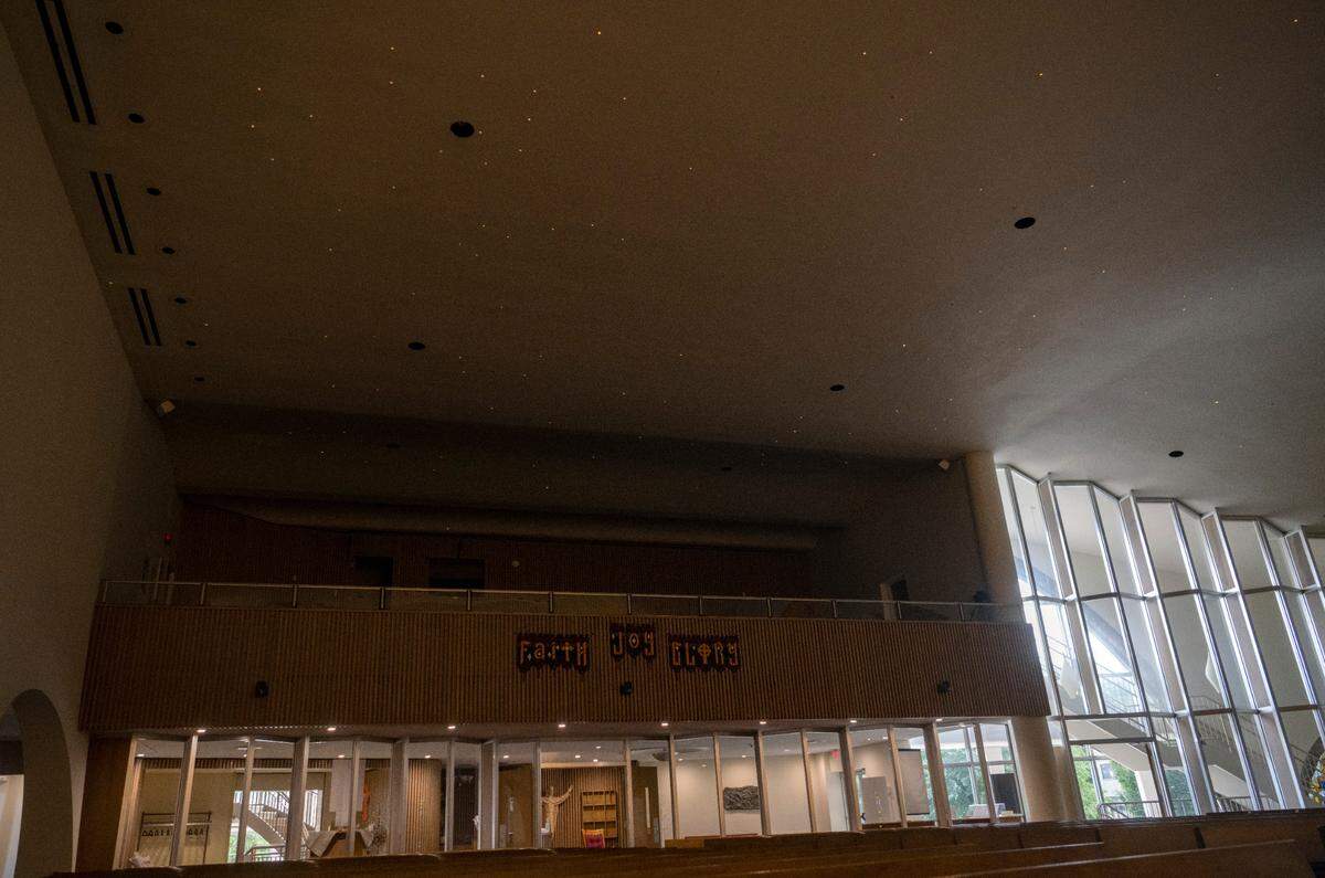 Lights on the ceiling of the sanctuary of Grace Lutheran Church show the constellations of the winter of 1965, the year the church was built.