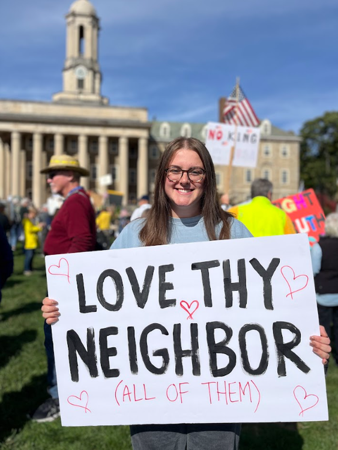 Bethany Haddock, a State College resident, attended Saturday’s No Kings protest, which was held in opposition of the actions taken by President Donald Trump and his administration. The event was one of more than 2,500 scheduled No Kings protests to take place across the country Saturday.