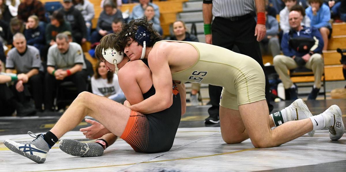 Bald Eagle Area’s Caleb Close, right, controls Jersey Shore’s Tyler Bauder in their 172-pound final of the Big 7 Tournament on Saturday, January 21, 2023. Close beat Bauder, 7-0.