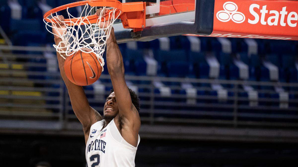 Penn State’s Izaiah Brockington dunk’s the basketball during Penn State men’s basketball’s game against No. 4 Ohio State at the Bryce Jordan Center on Feb 18, 2021 in University Park, PA.