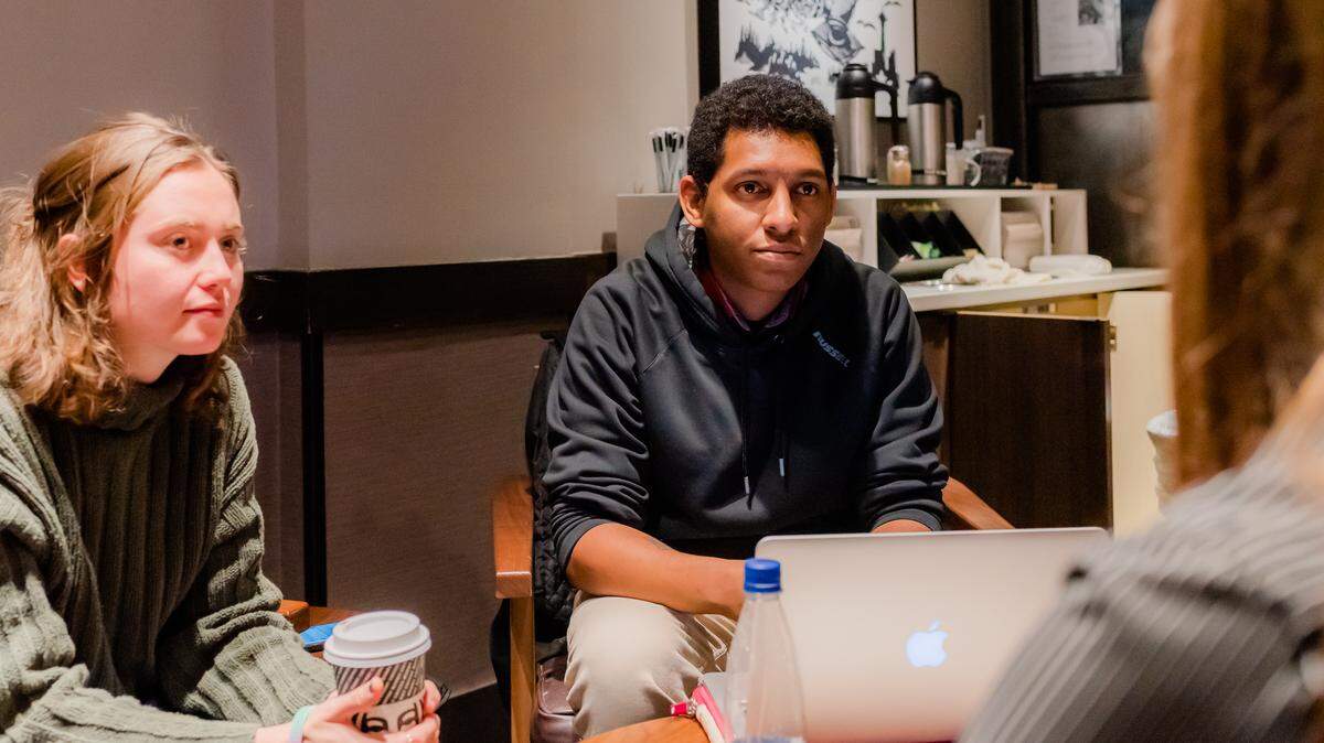 “Sisters” production coordinator Pablo Lopez listens as writer and director Sarah Nolen talks during a pre-production meeting on Wednesday. The short film will be shot in Boalsburg on Saturday and Sunday.