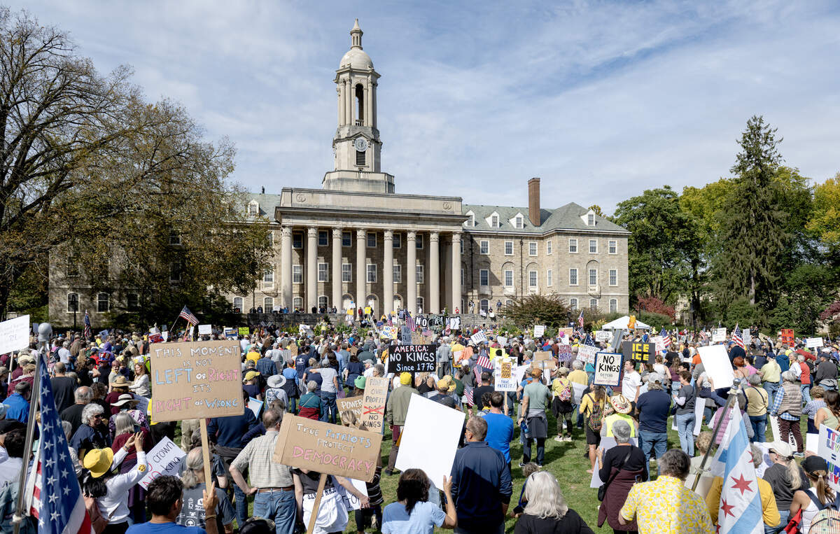 More than 1,500 people gathered on Old Main lawn for the No Kings anti-Trump rally on Saturday, Oct. 18, 2025.