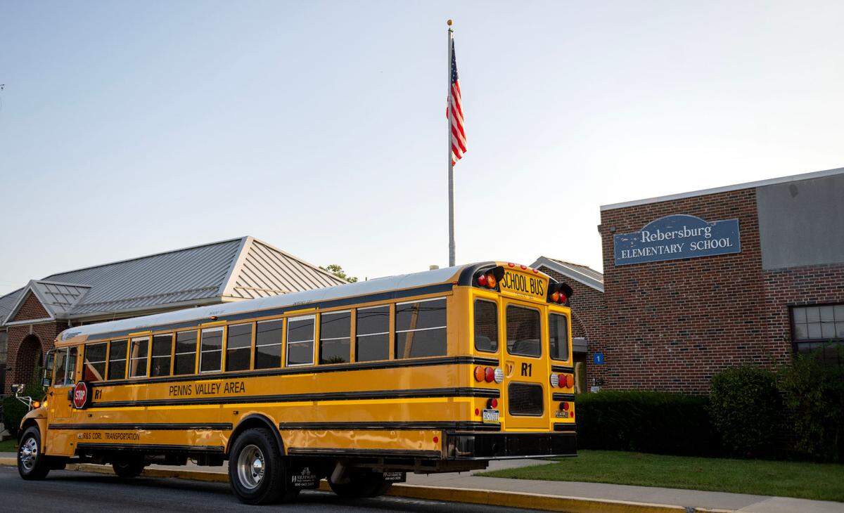 Penns Valley Area school buses arrive to drop students off of for the first day at Miles Township Elementary on Tuesday, Aug. 27, 2024.  