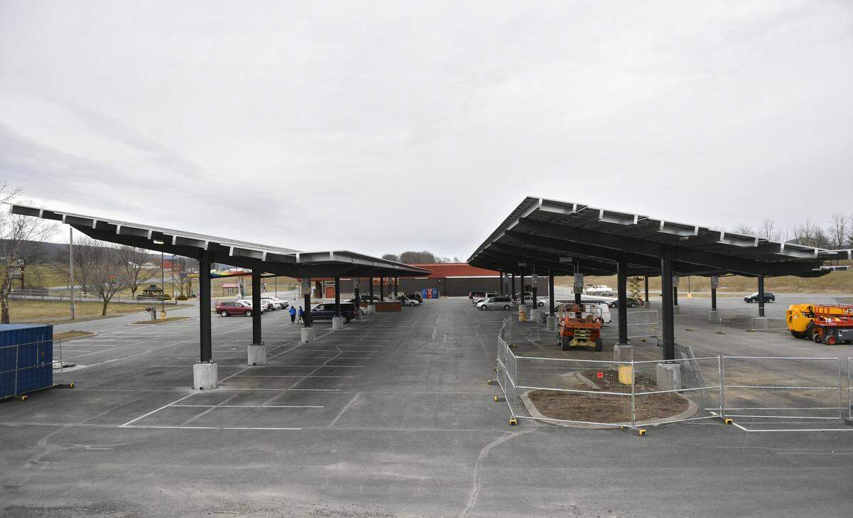 Solar panels have been installed in the parking lot at Burkholder’s Country Market off Route 45 in Spring Mills.