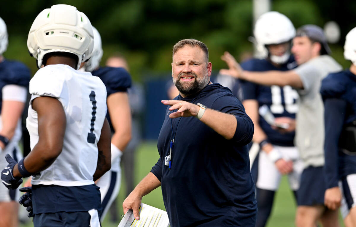 Penn State offensive coordinator Andy Kotelnicki directs players during practice on Saturday, Aug. 2, 2025.