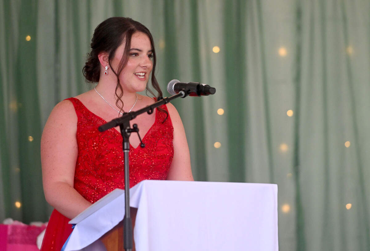 Grace Novosel speaks about the fair during her speech at the 2024 Centre County Grange Fair Queen Coronation on Wednesday, Aug. 14, 2024.