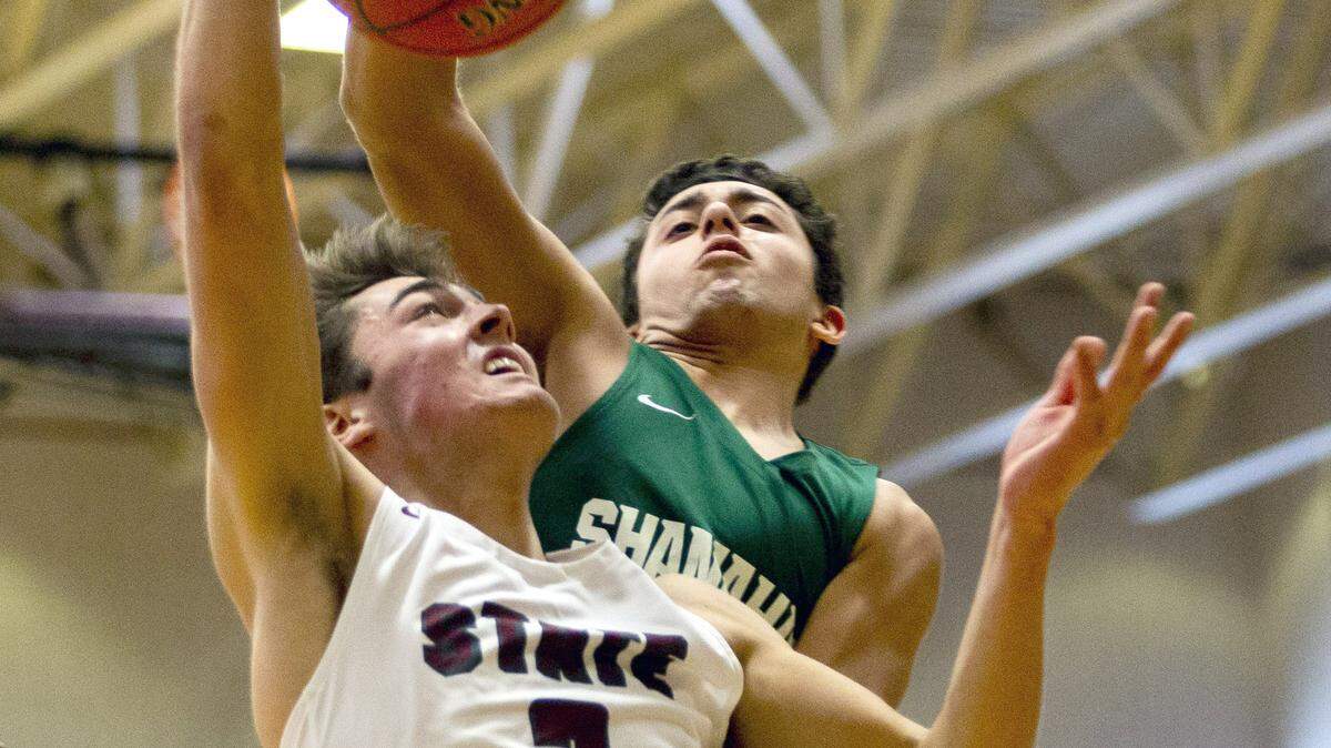 State College’s Tommy Friberg (2), seen here earlier this season, finished with 12 points Tuesday night in the Little Lions’ 97-53 loss to Kennedy Catholic, one of the nation’s best high school teams.