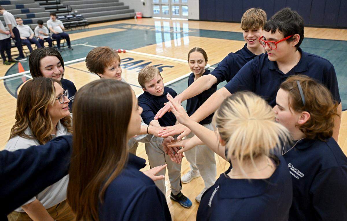 The Penns Valley unified bocce team comes together in a huddle during the match against Philipsburg-Osceola on Thursday, Jan. 30, 2025.