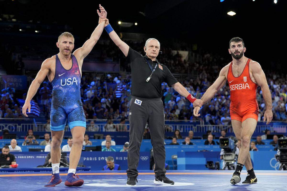 Aug 10, 2024; Paris, France; Kyle Douglas Dake (USA) and Hetik Cabolov (Serbia) during the Paris 2024 Olympic Summer Games at Champ-de-Mars Arena. Mandatory Credit: John David Mercer-USA TODAY Sports
