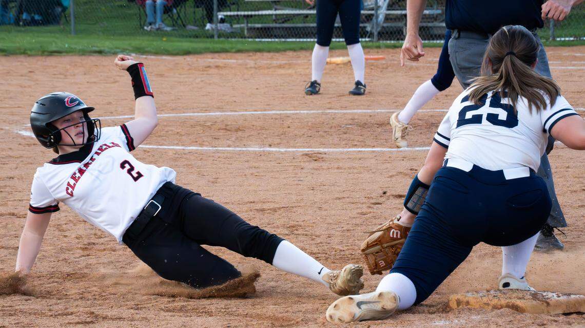 Clearfield’s Lily McBride (2) slides into third base during a softball game against Penns Valley in Spring Mills, Pa., on Monday, April 13, 2026. The Bison defeated the Rams 17-5.