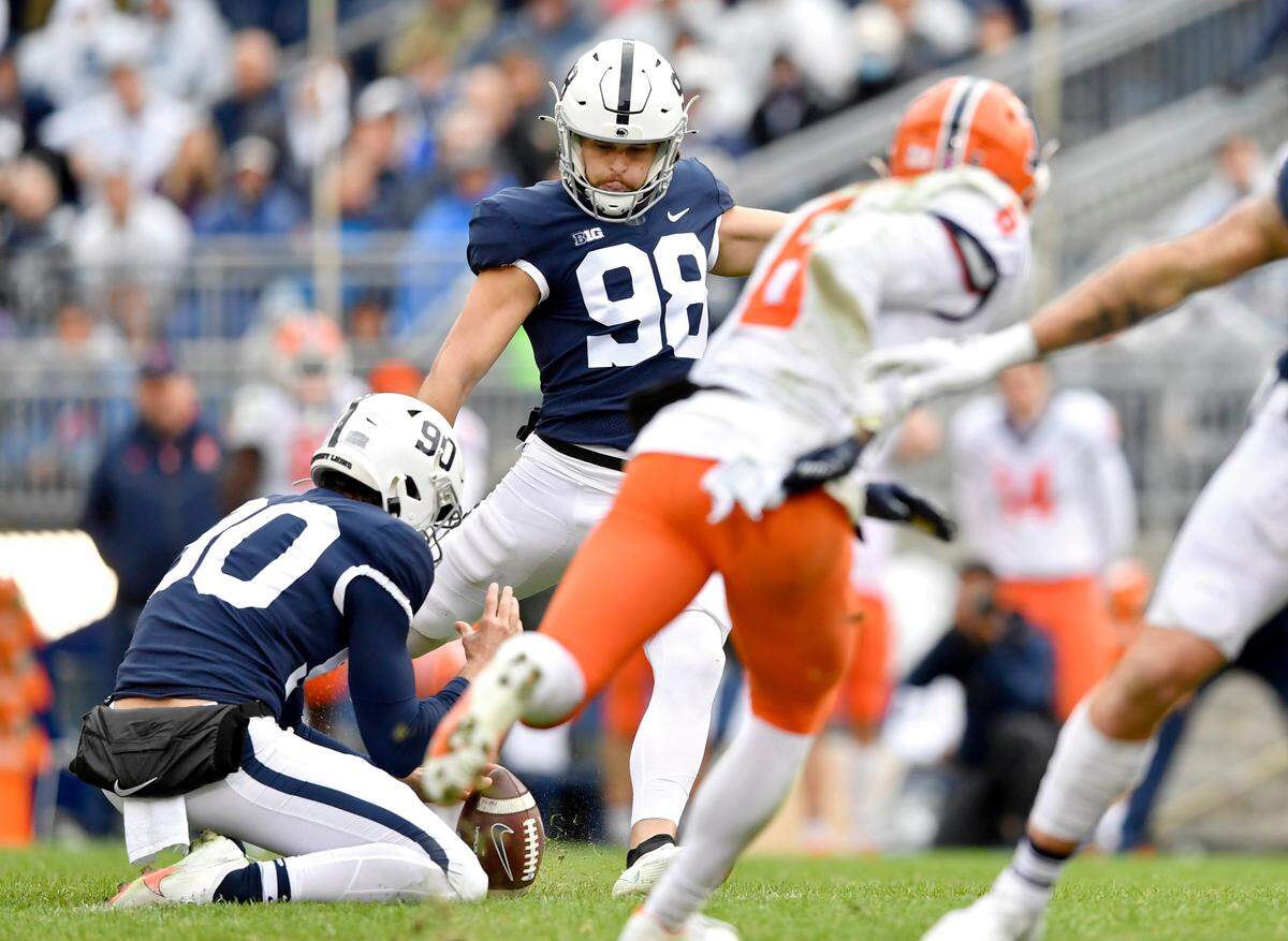 Penn State kicker Jordan Stout kicks a field goal in the seance overtime of the game against Illinois on Saturday, Oct. 23, 2021.