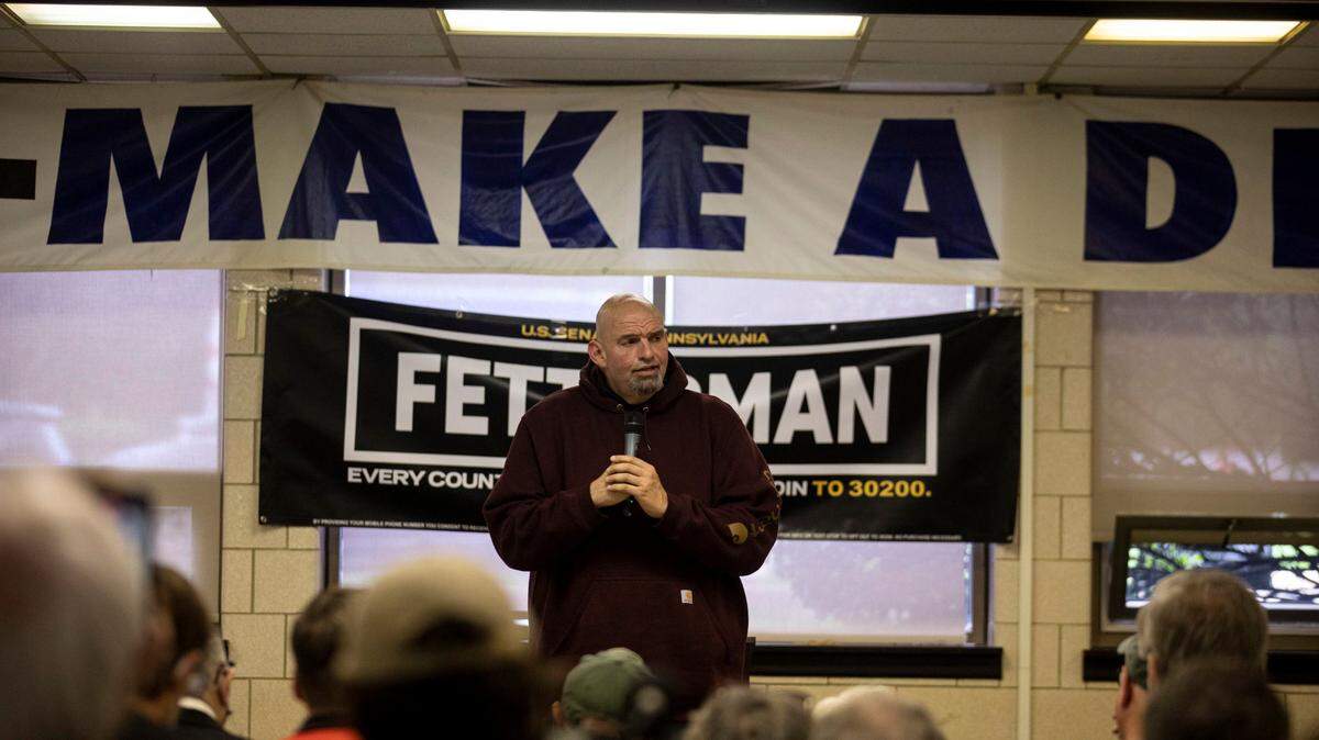 Lt. Gov. John Fetterman, the Democratic nominee for U.S. Senate in Pennsylvania, speaks at the UFCW Local 1776 headquarters in Plymouth Meeting on April 16. (Tyger Williams/Philadelphia Inquirer/TNS)