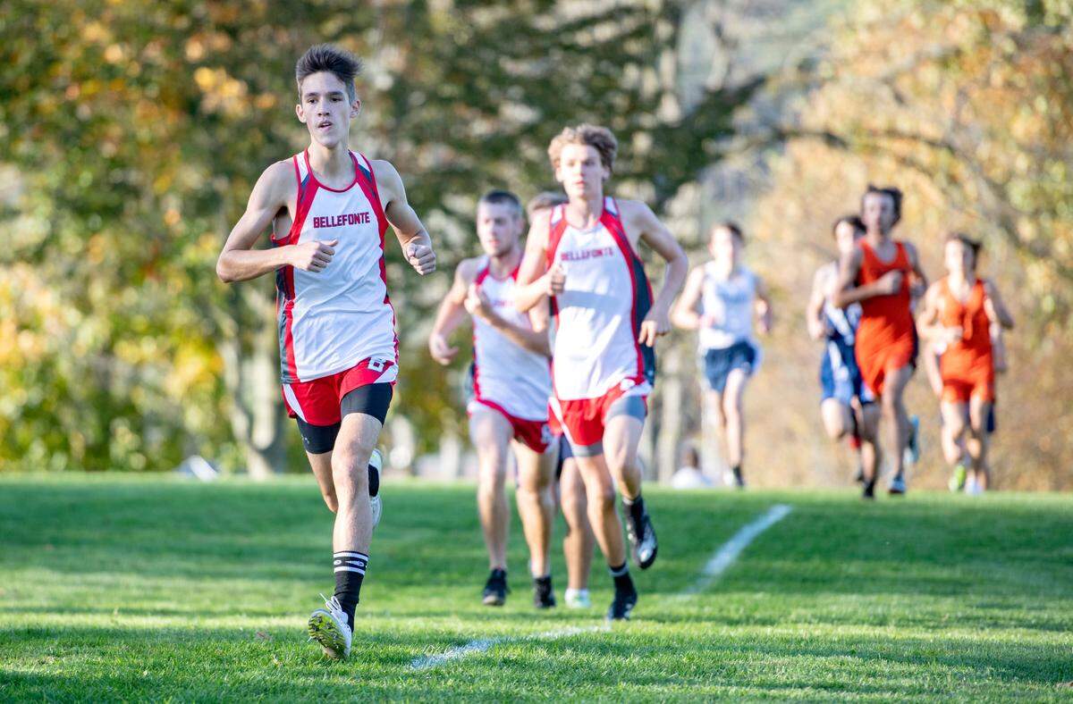 Bellefonte’s Alexander Crist leads a pack of runners during the Mountain League cross country championships at Penns Valley on Wednesday, Oct. 20, 2021.