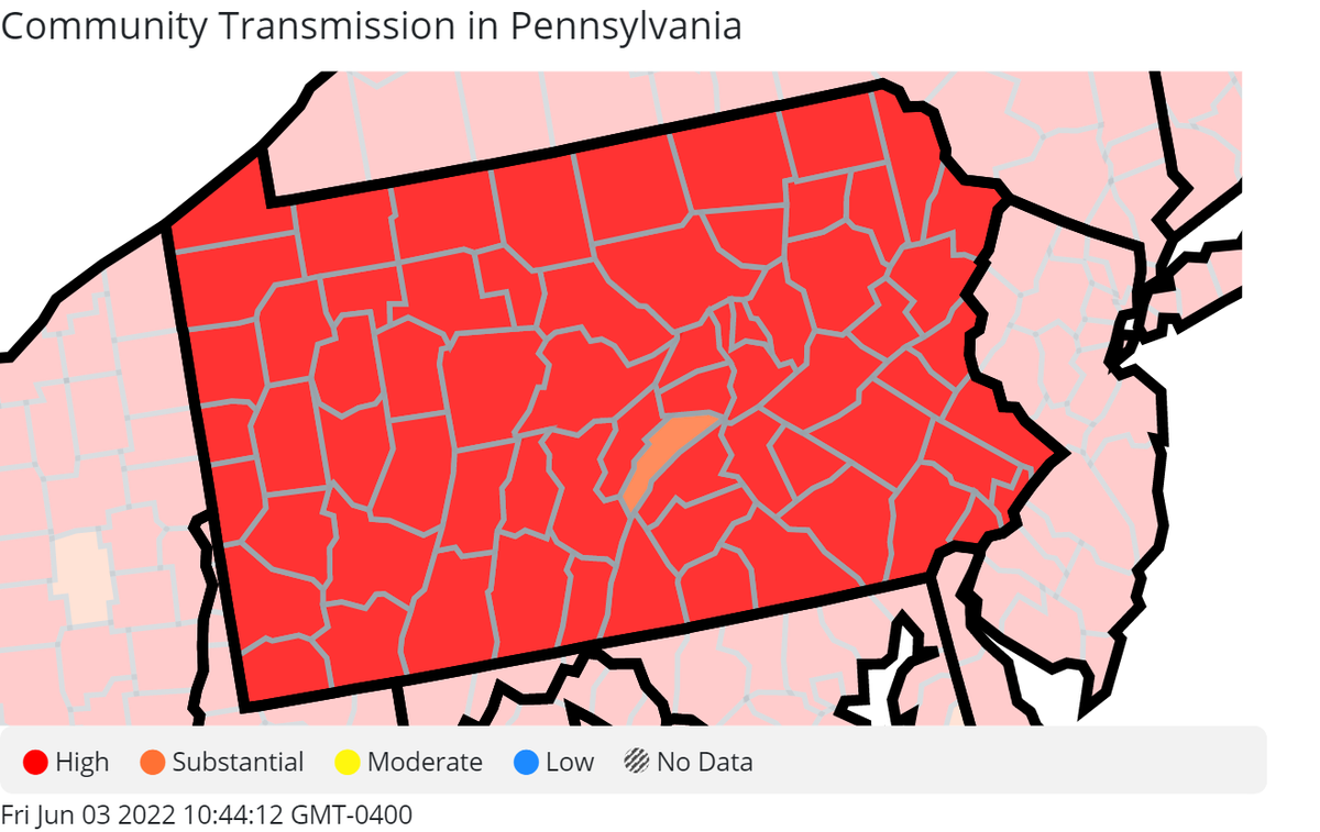 A snapshot of community transmission of COVID-19 across every Pennsylvania County. The U.S. Centers for Disease Control and Prevention defines community transmission as both the total number of new cases per every 100,000 people within the last seven days, and the percentage of positive tests and screenings within that same time period. The image here shows a county-by-county map of Pennsylvania. All but one county -- Juniata County -- are in the red for COVID-19 spread. 