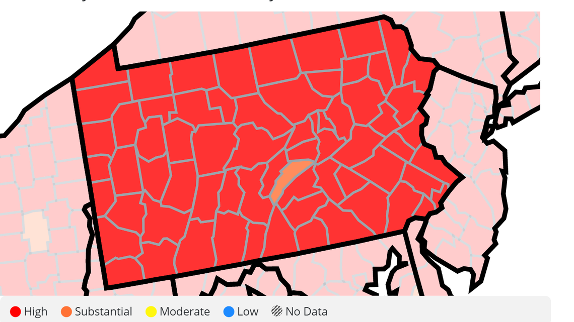 In PA, all counties but Juniata have high COVID-19 transmission levels, CDC data show