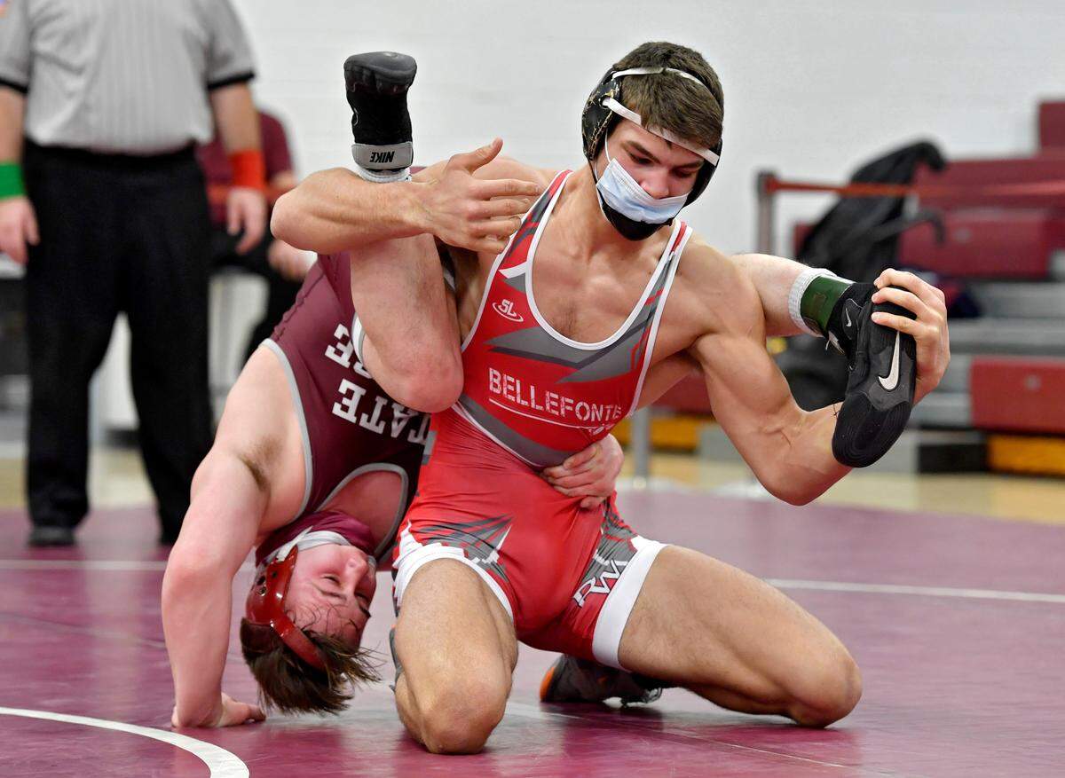 Bellefonte’s Ethan Rossman and State College’s Carson Manville in the 189 lb championship bout at the District 6 3A tournament on Friday, Feb. 19, 2021 at Altoona High School.