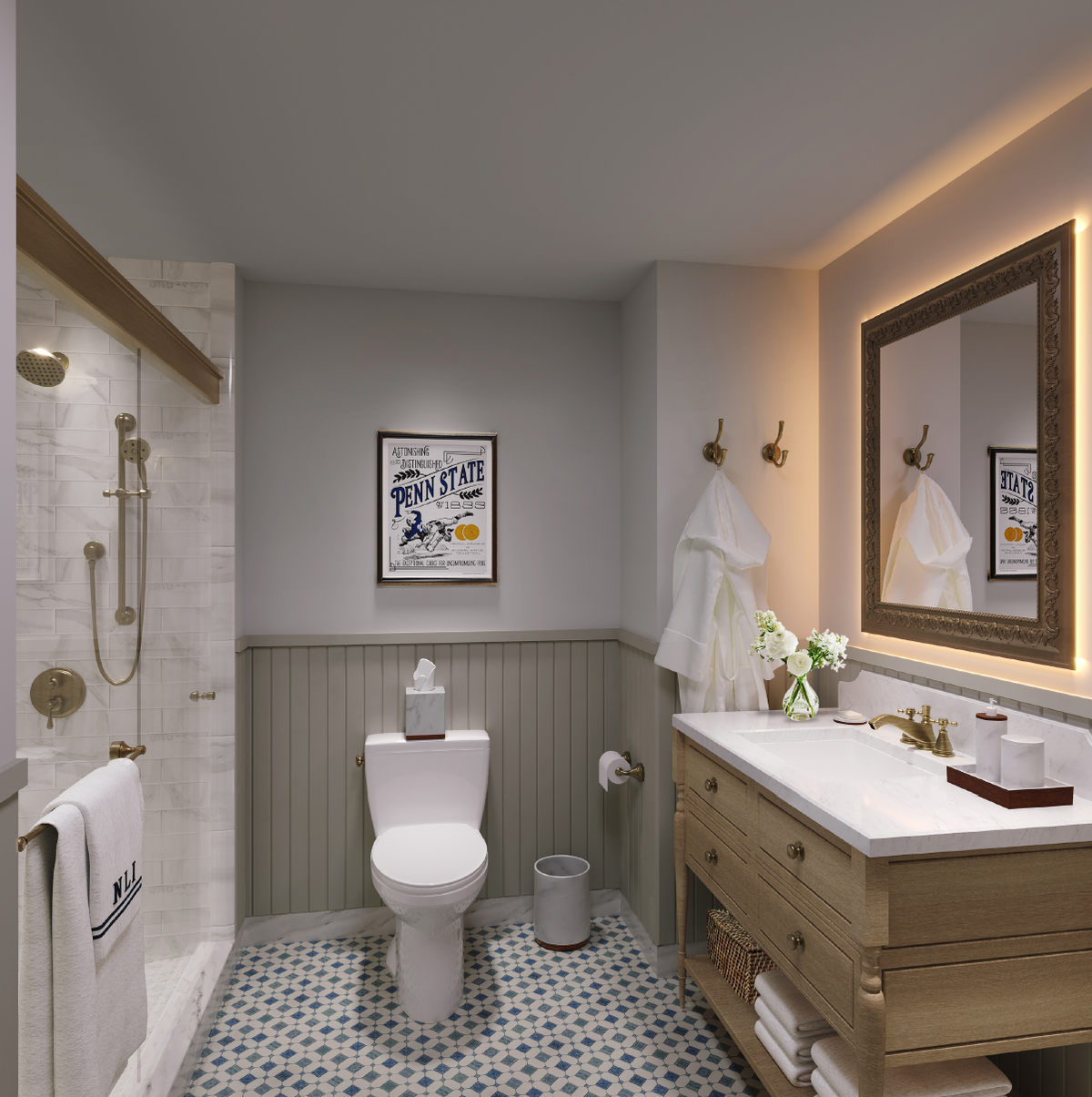 A rendering of a guest bathroom at the newly renovated Nittany Lion Inn.