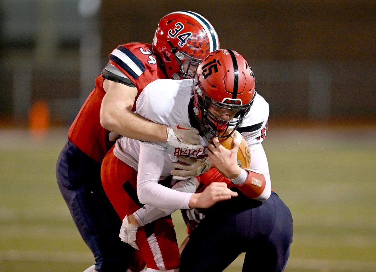 Juniata defenders stop Bellefonte’s Liam Halterman during the District 6 4A championship game on Friday, Nov. 3, 2023.