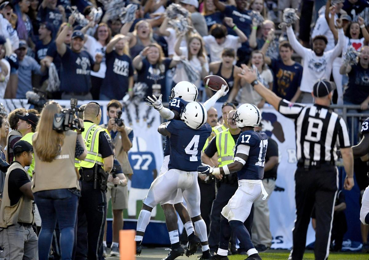 Penn State cornerback Amani Oruwariye celebrates his interception for the Nittany Lions, who beat Appalachian State in overtime Saturday, Sept. 1, 2018 at Beaver Stadium.