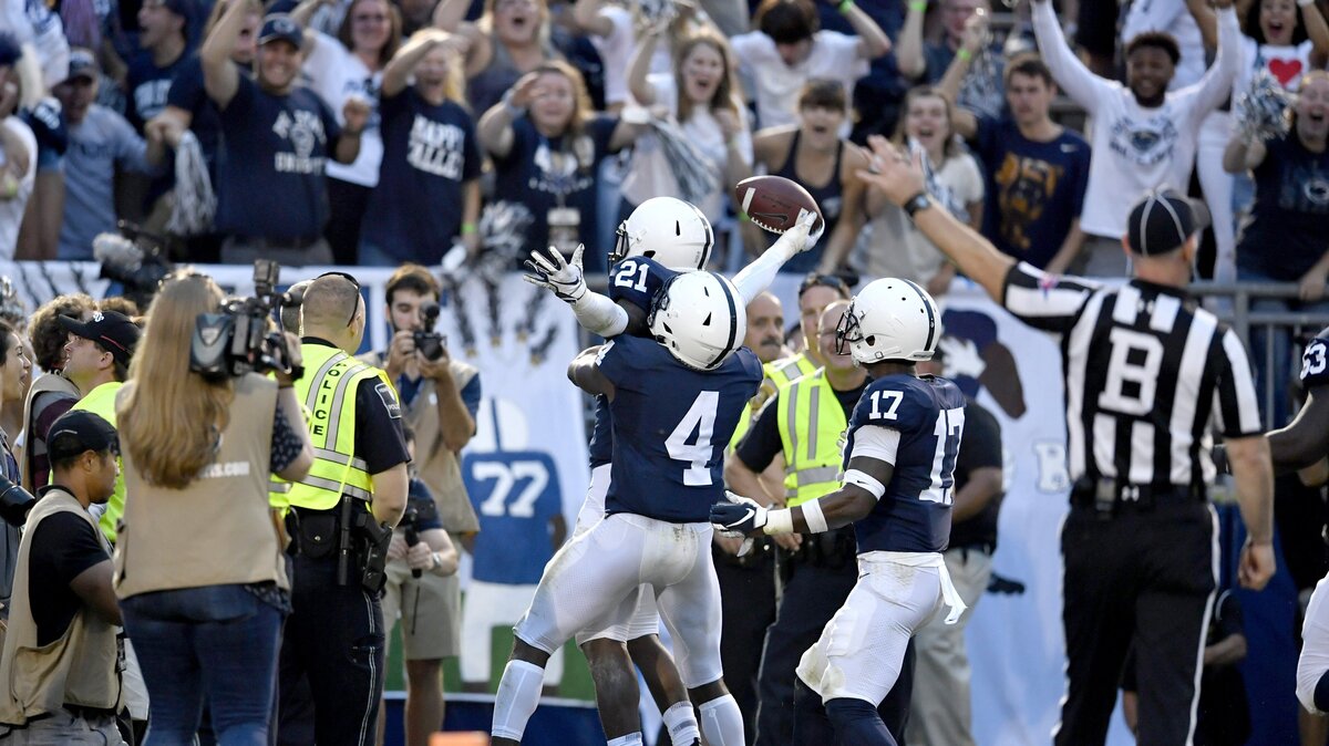 Penn State cornerback Amani Oruwariye celebrates his interception for the Nittany Lions, who beat Appalachian State in overtime Saturday, Sept. 1, 2018 at Beaver Stadium.