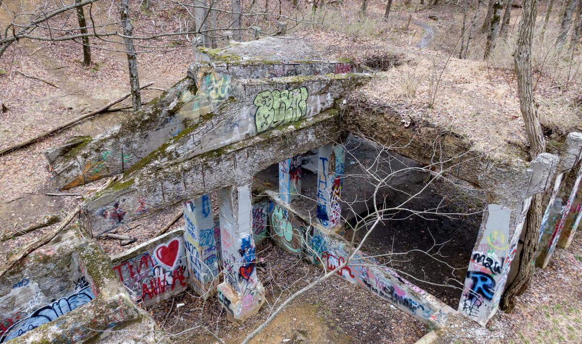 Graffiti covers the 1940s hopper foundation in Scotia on Friday, March 27, 2026. 