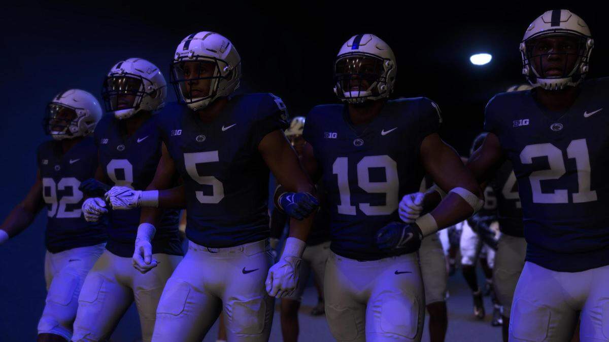 Penn State players wait in the tunnel before jogging out onto Beaver Stadium’s field in EA Sports’ College Football 25 video game, which was released Monday afternoon.