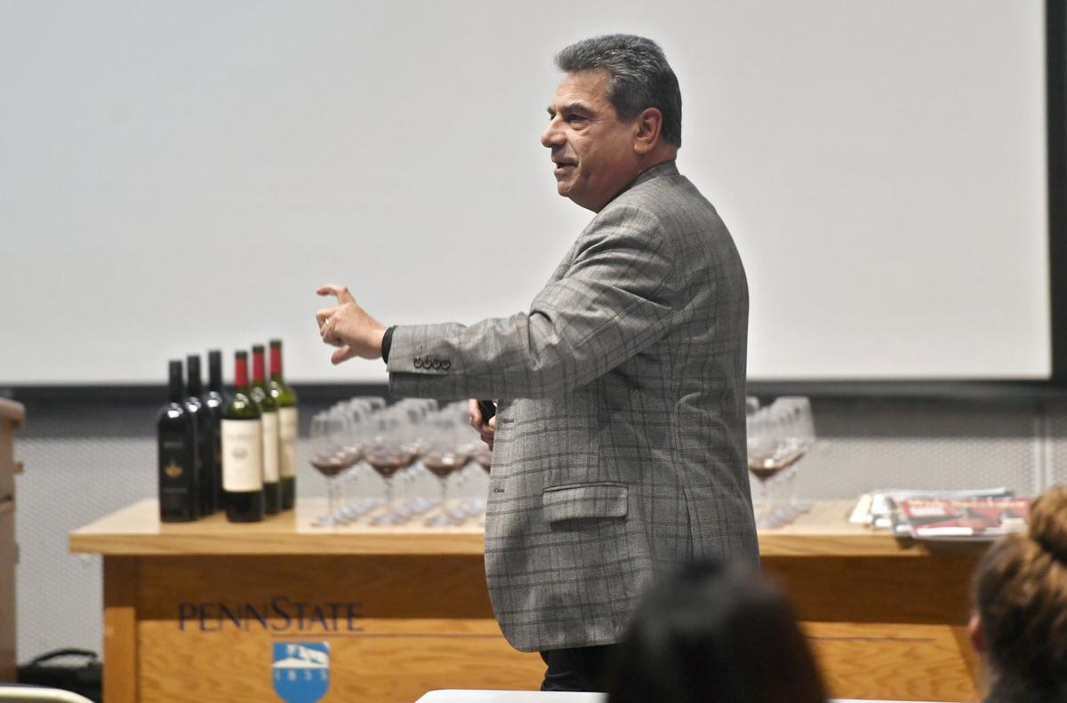 Pat Felitti, a sommelier and former New York City fine-dining restaurateur, teaches the Penn State Wine Appreciation class on Thursday.