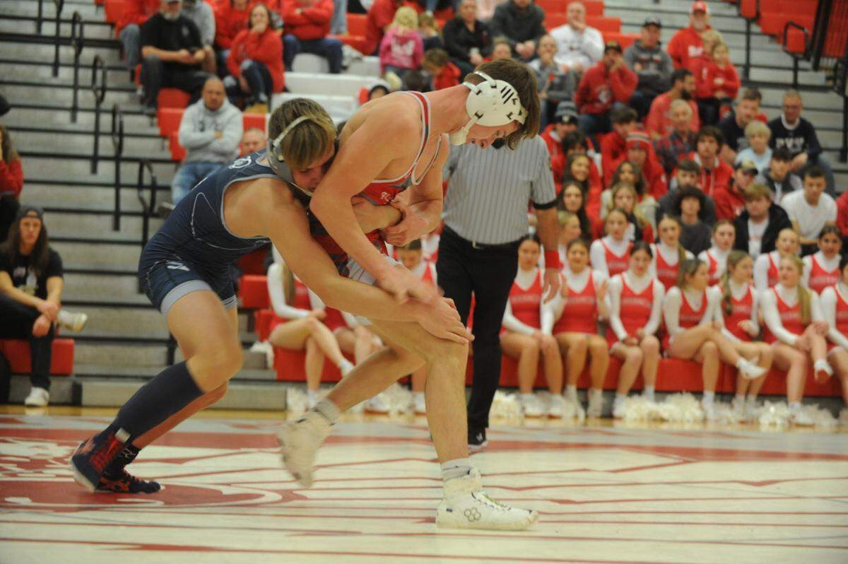 Penns Valley’s Brayden Lisowski attempts to keep Bellefonte’s Noah Weaver from escaping in their 145-pound bout of the Rams’ 51-9 victory on Wednesday at Bellefonte. Lisowski edged Weaver, 3-1.
