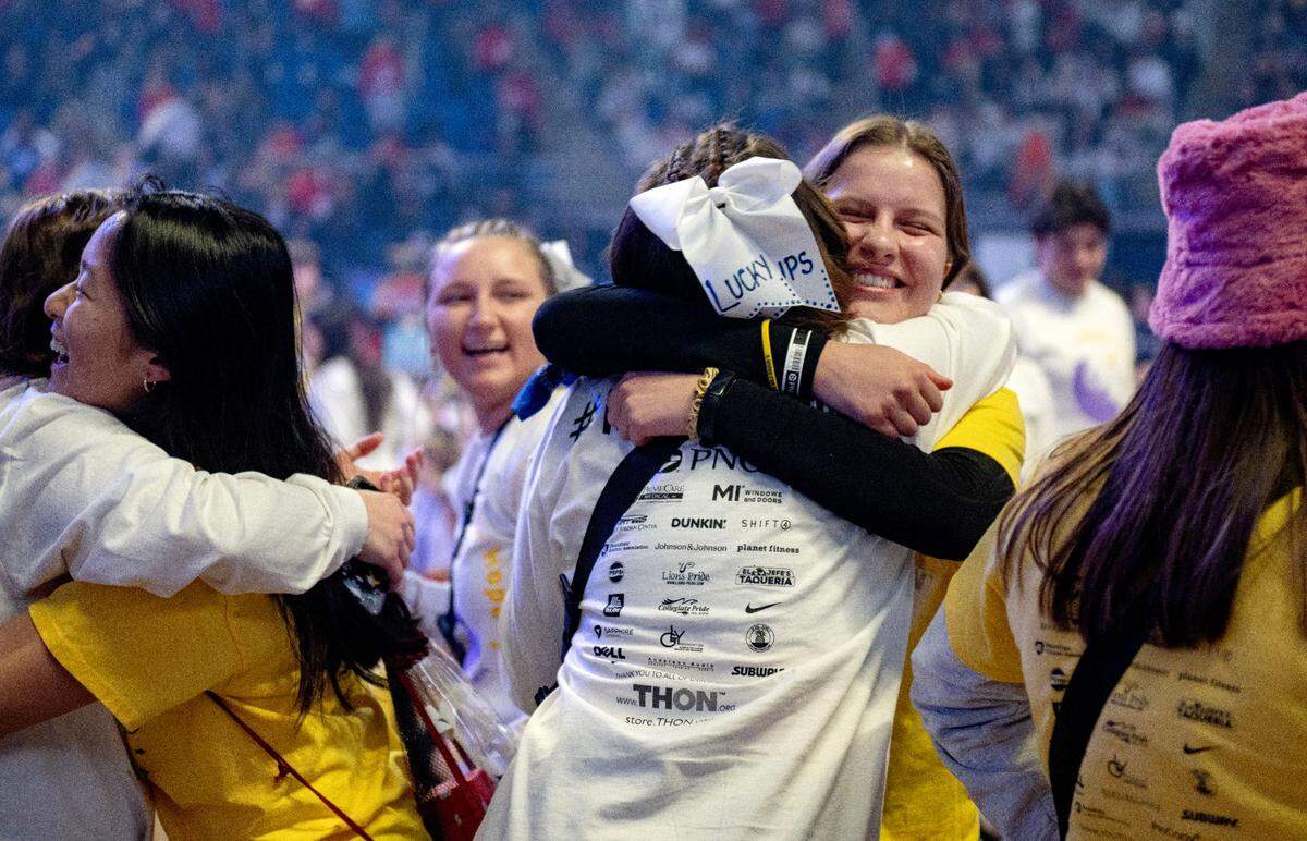 Ariana Aray hugs Viktoriya Blyznyuk as she gets ready to dance for 46 hours in Penn State Thon on Friday, Feb. 21, 2025.