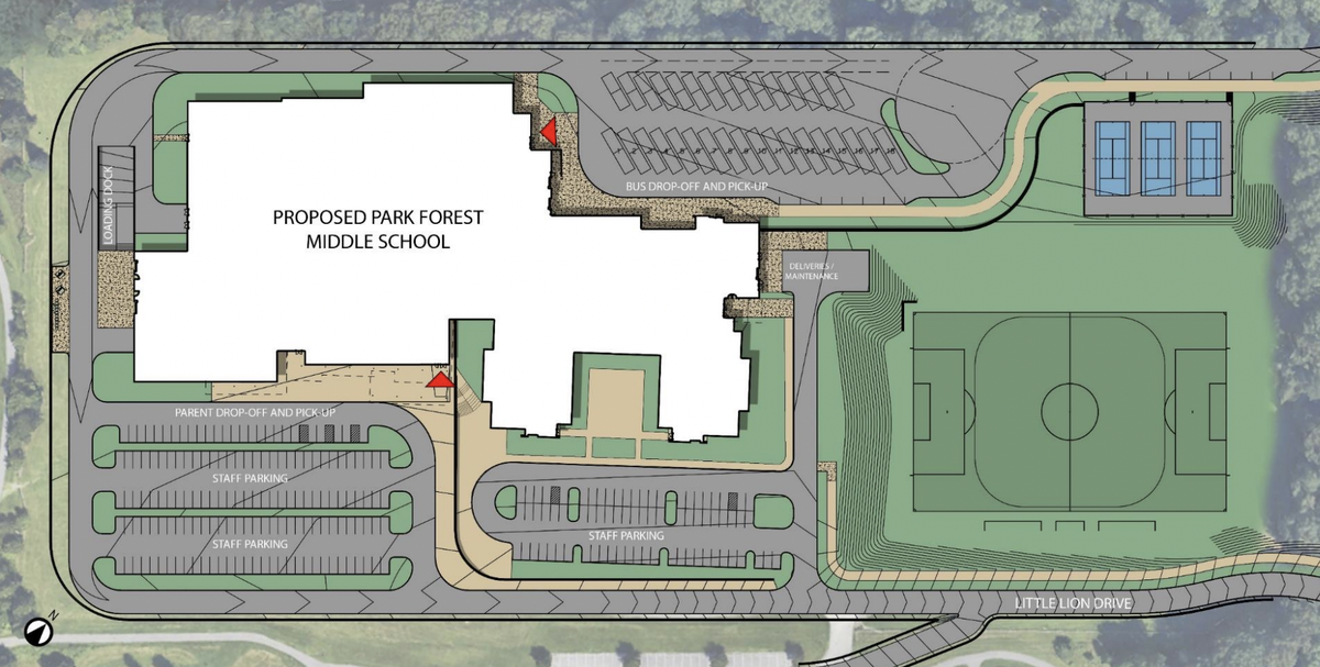 This rendering shows the latest site plan for the new Park Forest Middle School as of May 2025.