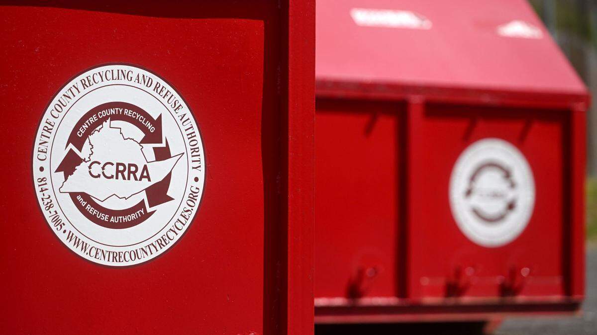 Bins to recycle plastics and more outside of the Centre County Recycling and Refuse Authority on Friday, April 26, 2024.  