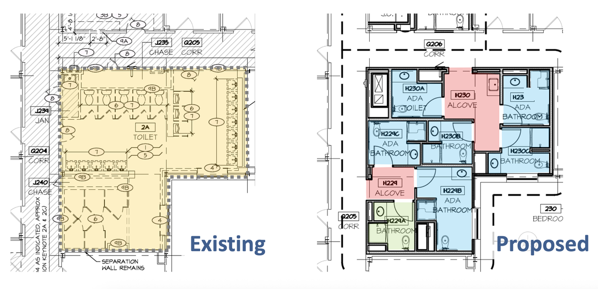 The layout of the existing bathrooms at McKee Hall compared to the new layout that will be completed as part of an $11.37 million project to renovate original common bathrooms in McKee Hall to shared private bathrooms, as well as add more bedrooms.