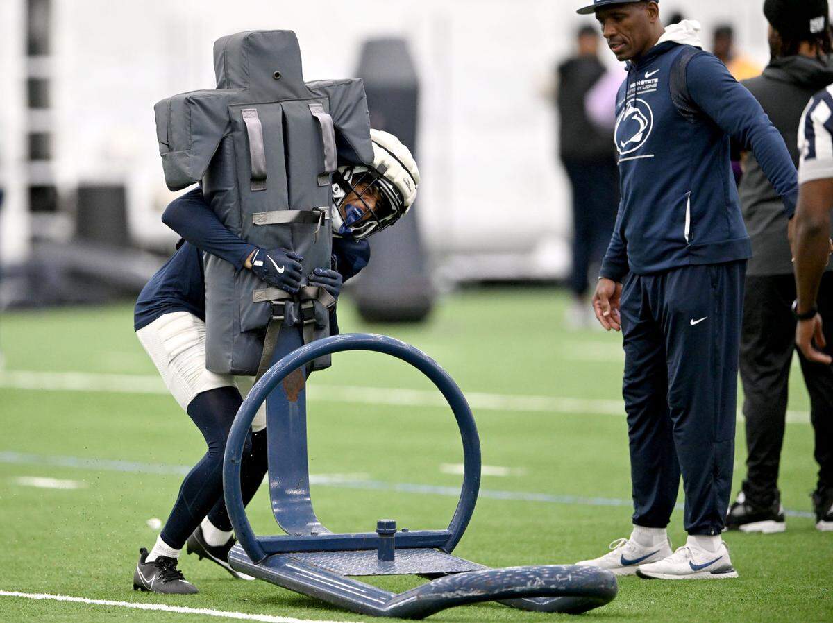Penn State cornerback Daryus Dixson runs a drill during spring football practice on Tuesday, April 1, 2025.