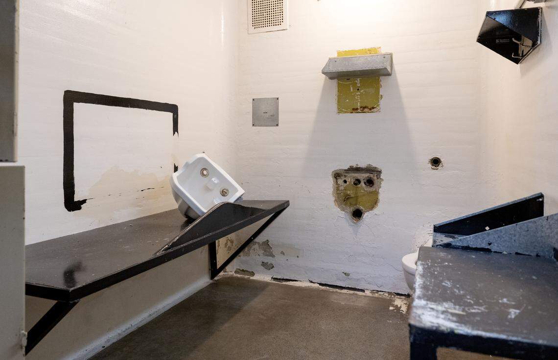 A cell on the first floor of D Block at Rockview state prison is pictured Monday, March 2, 2026 as sinks and toilets were being removed from the walls after all inmates were transferred.