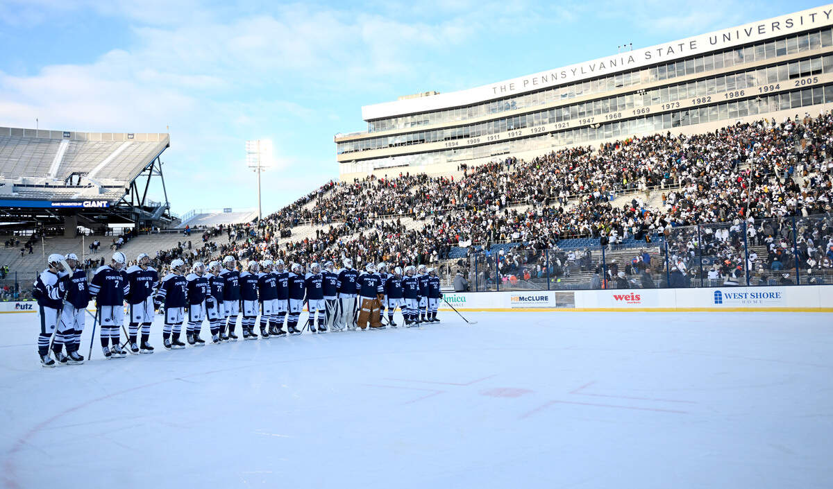 The Penn State men’s hockey team sings the alma mater after the loss to Michigan State on Saturday, Jan. 31, 2026 at Beaver Stadium.
