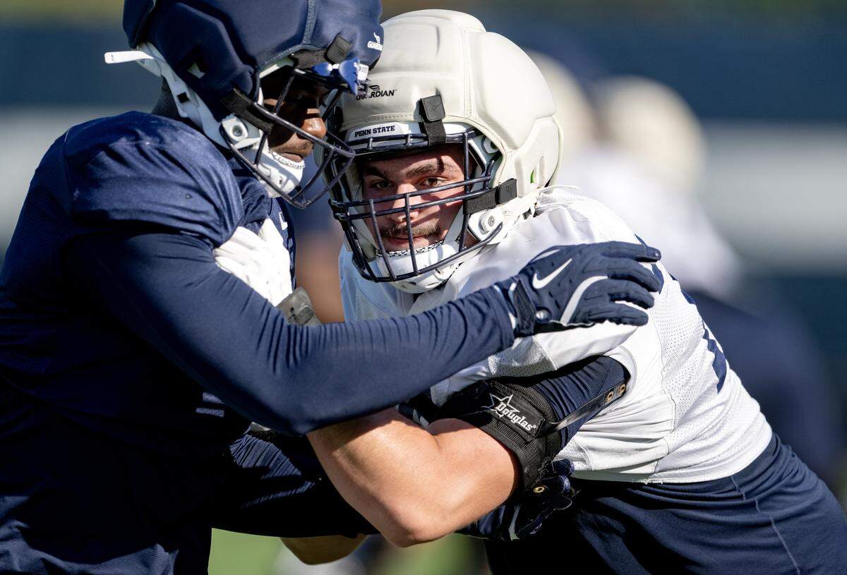 Penn State offensive lineman Malachi Goodman runs a drill during practice on Wednesday, Sept. 3, 2025.  