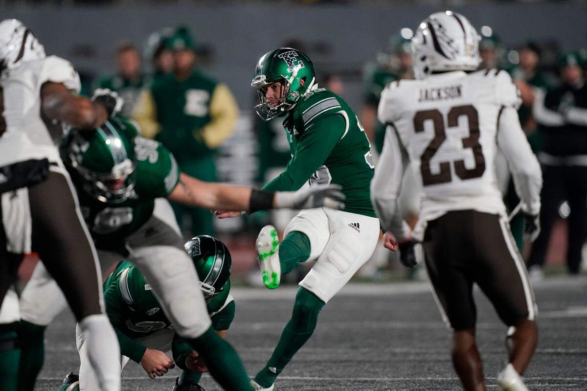 Chad Ryland kicks a field goal for Eastern Michigan during the second half of a game against Western Michigan on Nov. 16, 2021, in Ypsilanti, Mich. Ryland, who went to Cedar Crest, now plays for Maryland.