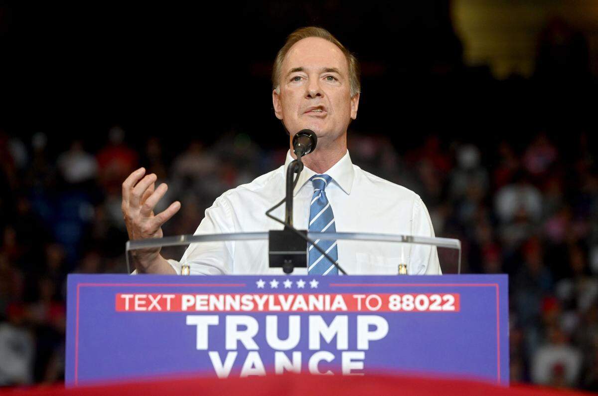 Rep. John Joyce speaks to the crowd during the Donald Trump rally at the Bryce Jordan Center on Saturday, Oct. 26, 2024.