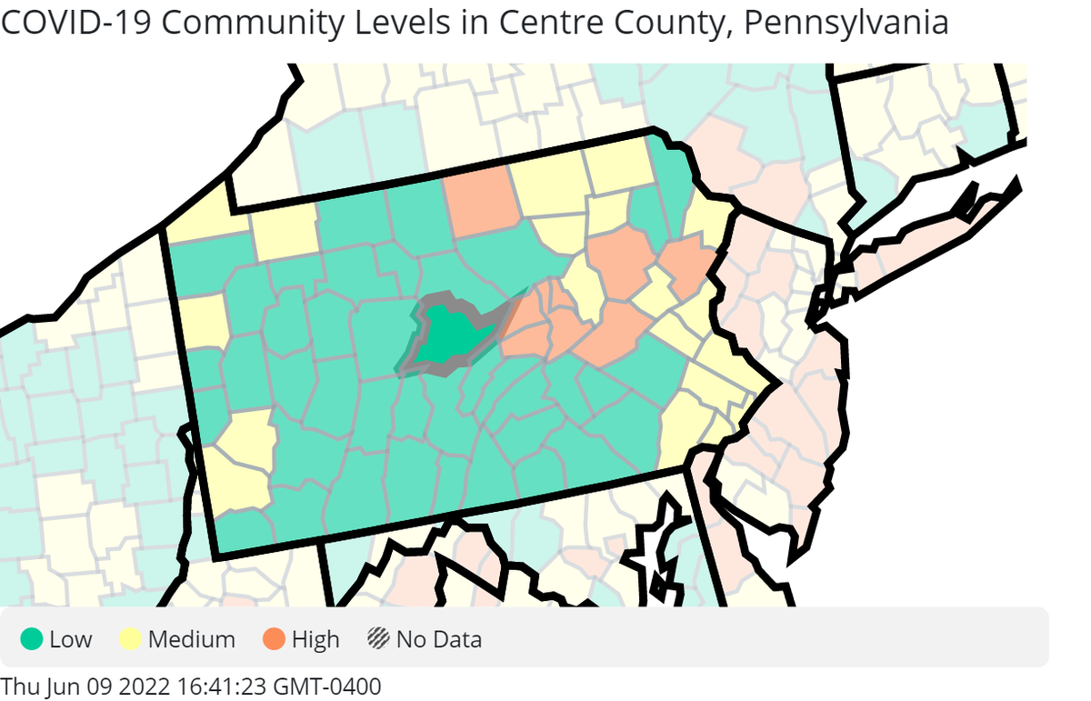 Map of Pennsylvania county COVID-19 Community Levels from the Center’s for Disease Prevention and Control as of June 9.