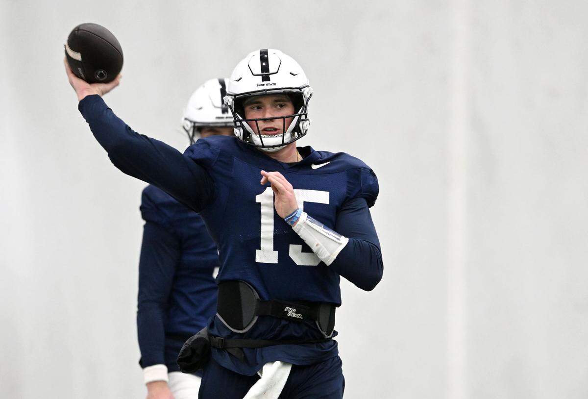 Penn State quarterback Drew Allar makes a pass during practice on Wednesday, Dec. 4, 2024.