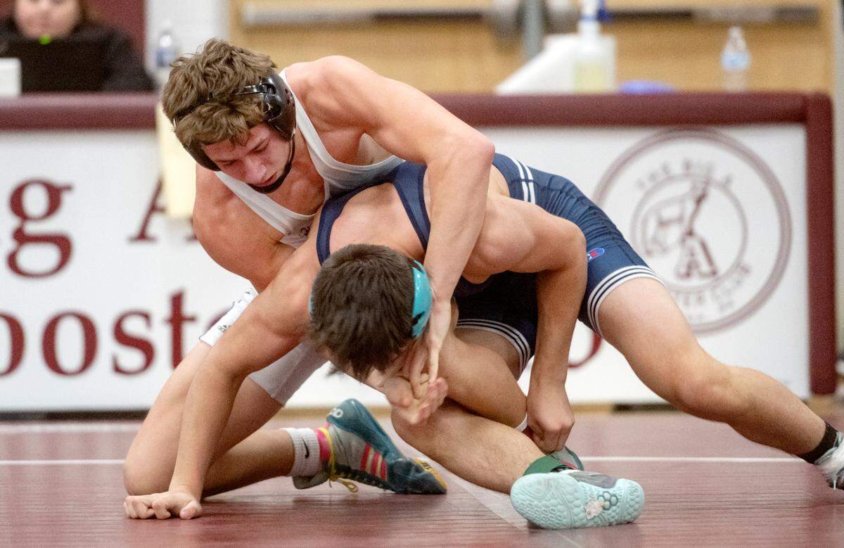 Penns Valley’s Ty Watson controls Philipsburg-Osceola’s Marcus Gable in the 152 lb championship bout of the District 6 2A championships on Saturday, Feb. 18, 2023.