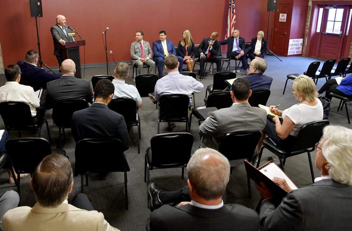 U.S. Representative Glenn Thompson holds a discussion on the Bellefonte Opportunity Zone on Monday at the Match Factory in Bellefonte.