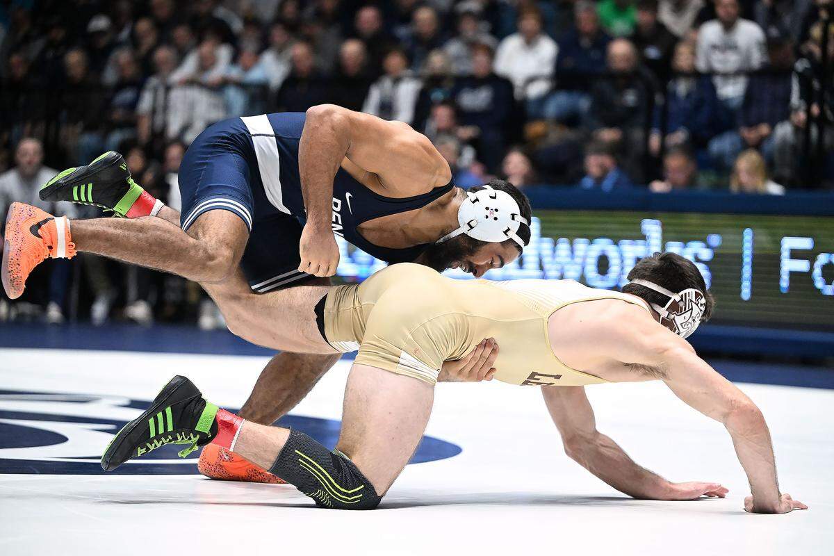 Penn State's Shane Van Ness (top) takes down Lehigh's Owen Reinsel at 149 pounds during the Sunday, Dec. 7, 2025 match at Rec Hall in State College. Van Ness defeated Reinsel, 19-5. Penn State won the match, 36-6.